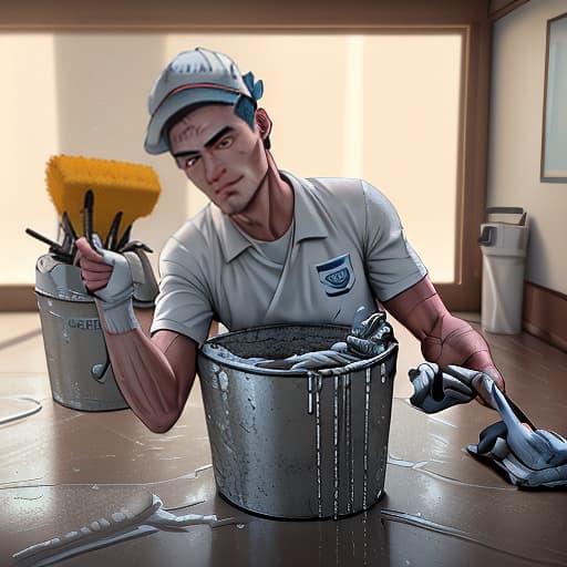  logo for cleaning company, with bucket and brushes, shot 35 mm, realism, octane render, 8k, trending on artstation, 35 mm camera, unreal engine, hyper detailed, photo realistic maximum detail, volumetric light, realistic matte painting, hyper photorealistic, trending on artstation, ultra detailed, realistic