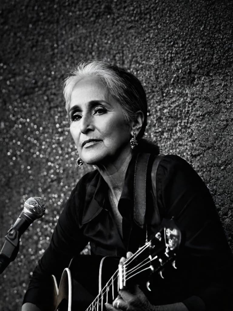  A younger Country singer Joan Baez, medium shot, upper body, spotlight, long exposure lighting, street art style spray paint, glamour lighting