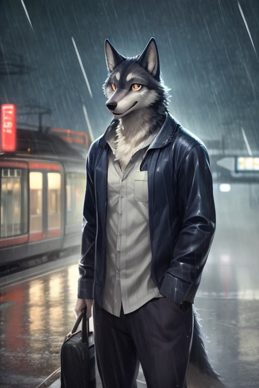  masterpiece, best quality, perfect anatomy, bright eyes, watery eyes, by t.y.stars, by null ghost, by k0bit0wani, furry, wolf, (felis:0.25), male, solo, baggy clothing, (open smile:1.1), gentle, looking at viewer, train station, rain, (waterdrop:0.9), grey sky, raining, (fog:0.4), detailed background hyperrealistic, full body, detailed clothing, highly detailed, cinematic lighting, stunningly beautiful, intricate, sharp focus, f/1. 8, 85mm, (centered image composition), (professionally color graded), ((bright soft diffused light)), volumetric fog, trending on instagram, trending on tumblr, HDR 4K, 8K
