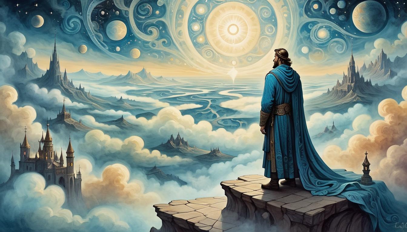  on parchment, surrealism+++, a figure atop a celestial overlook, eyes glowing with ethereal light, gazing upon a vast world beyond, background filled with swirling mists and cosmic patterns, transcendent, elevated, serene(mysterious, provocative, symbolic,muted color)+++