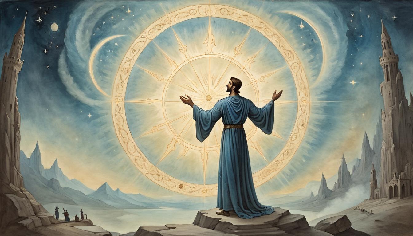  on parchment, surrealism+++, a figure standing in a celestial circle of light, arms outstretched, divine mission, purposeful(mysterious, provocative, symbolic,muted color)+++