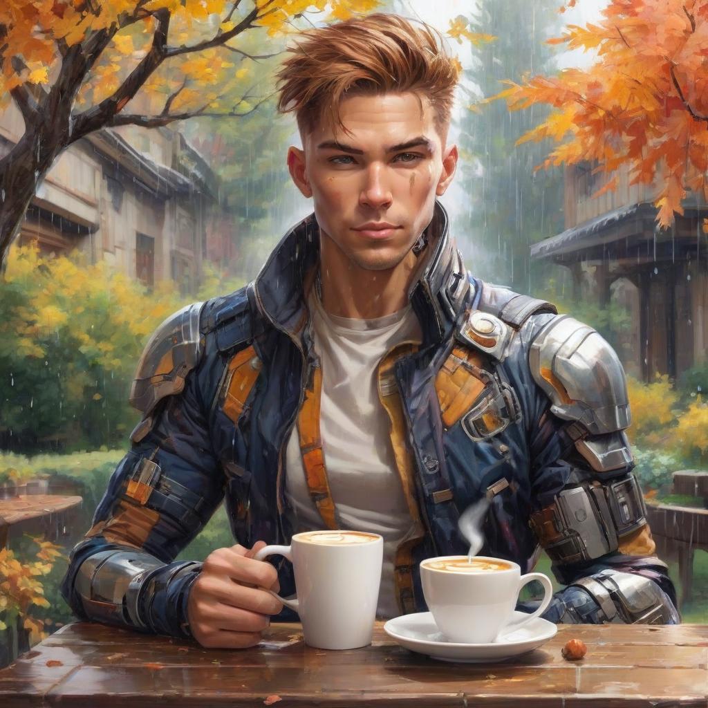  cyborg drinks a latte, and enjoys an autumn morning, he is pleased to look at the cozy courtyard behind which the rain drizzles, trees grow, excellent quality. cyberpunk