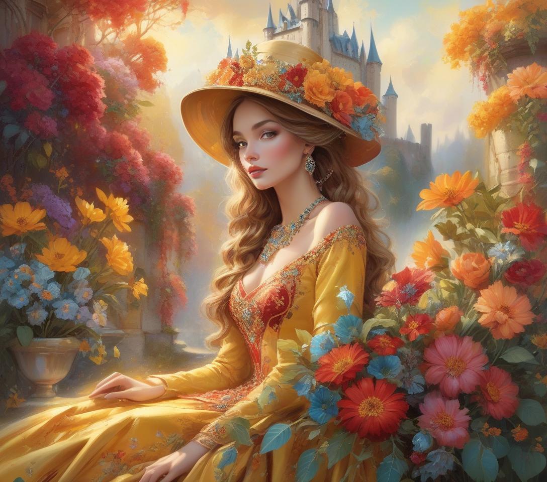  a glamorous woman relaxes amidst vibrant flowers, adorned in an elaborate, jewel embellished gown. her elegant hat contrasts beautifully with the rich colors surrounding her. full body portrait of a beautiful goddess, dressed in a satin intricate turqoise and red dress with golden striped ornaments, she is wearing a big hat with golden and turqoise flowers, she is surrounded by an abundance of big fall colored flowers in yellow, orange, red flowers and behind her is a castle, at with style by thomas kinkade+david a. hardy+carne griffiths+mandy disher, key light reflecting in eyes, perfect composition and lighting, half vivid colors fine art, best quality, high detailed, detailed faces, 2d, flat, cute, adorable, fairytale, storybook detaile