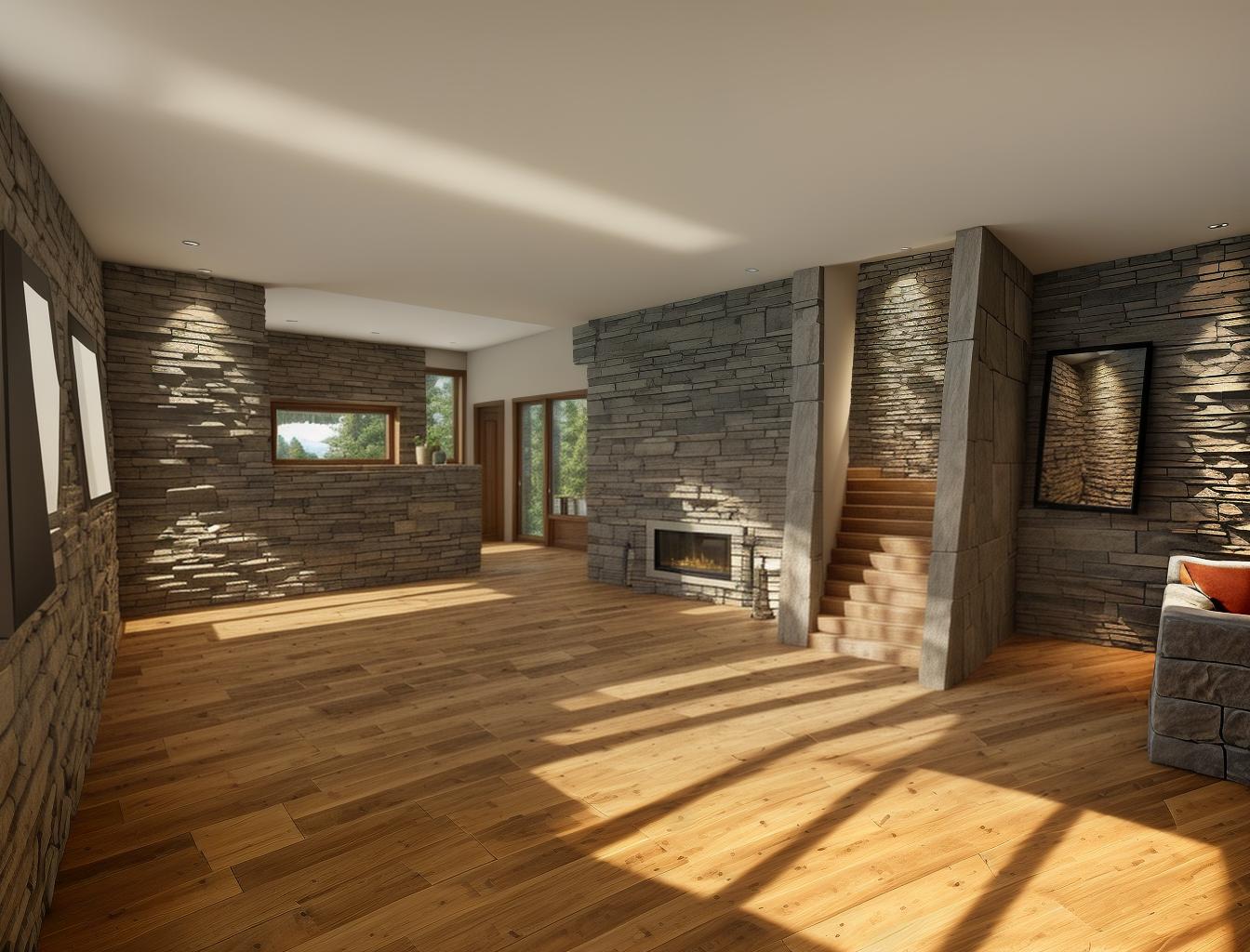  generate a photorealistic image of a living room with a stone accent wall and a wooden floor. the design should include a large window that allows natural light to highlight the texture of the stone wall, creating a balance between rustic and modern elements.