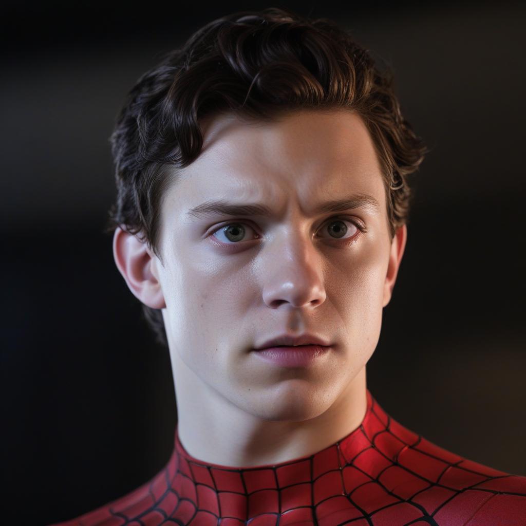  a high contrast, dramatic portrait of tom holland as spider man wearing a symbiote costume. the suit is sleek, black, and slightly iridescent with a liquid like texture. it clings tightly to his muscular form, emphasizing his athletic build. the iconic spider man eyes are large, angular, and glowing white, contrasting sharply with the dark suit. tendrils of the symbiote costume swirl around his body, giving a sense of movement and alien life. tom's face is partially visible through the retracting mask, revealing a determined and slightly sinister expression. his jaw is clenched, and there's a hint of sharp teeth visible. the lighting is dramatic, with strong shadows and highlights accentuating the contours of the costume and tom's face. the