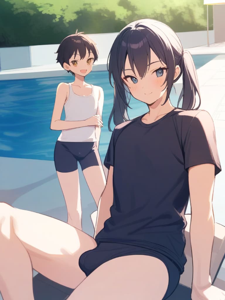  women's elementary students (male), twin tails, cute smiles, (rich s), low stature, dark blue swimwear, old swimwear, , simple (upward), male , (bulge), shaped clear , front , whole body, pool side,