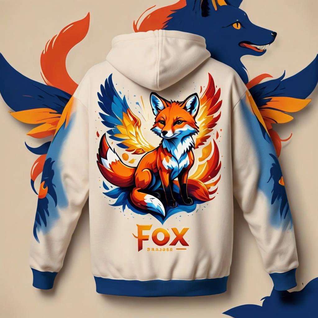  hoodie design. front and rear view. front on the left is a fox, which has wings, in the form of rays of the sun. the sleeves and the right part of the sweater are sewn by different parts of fabrics of other colors. the fox is fiery, the wings are dark orange. the background of the cream fox. the remaining areas have color: deep blue, cream, fiery., on parchment, t shirt design