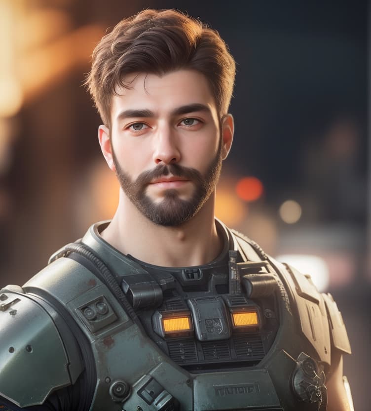  masterpiece, best quality, close up portrait photo of muscular bearded guy in a worn mech suit, ((light bokeh)), intricate, (steel metal [rust]), elegant, sharp focus, photo by greg rutkowski, soft lighting, vibrant colors, masterpiece, ((streets)), detailed face