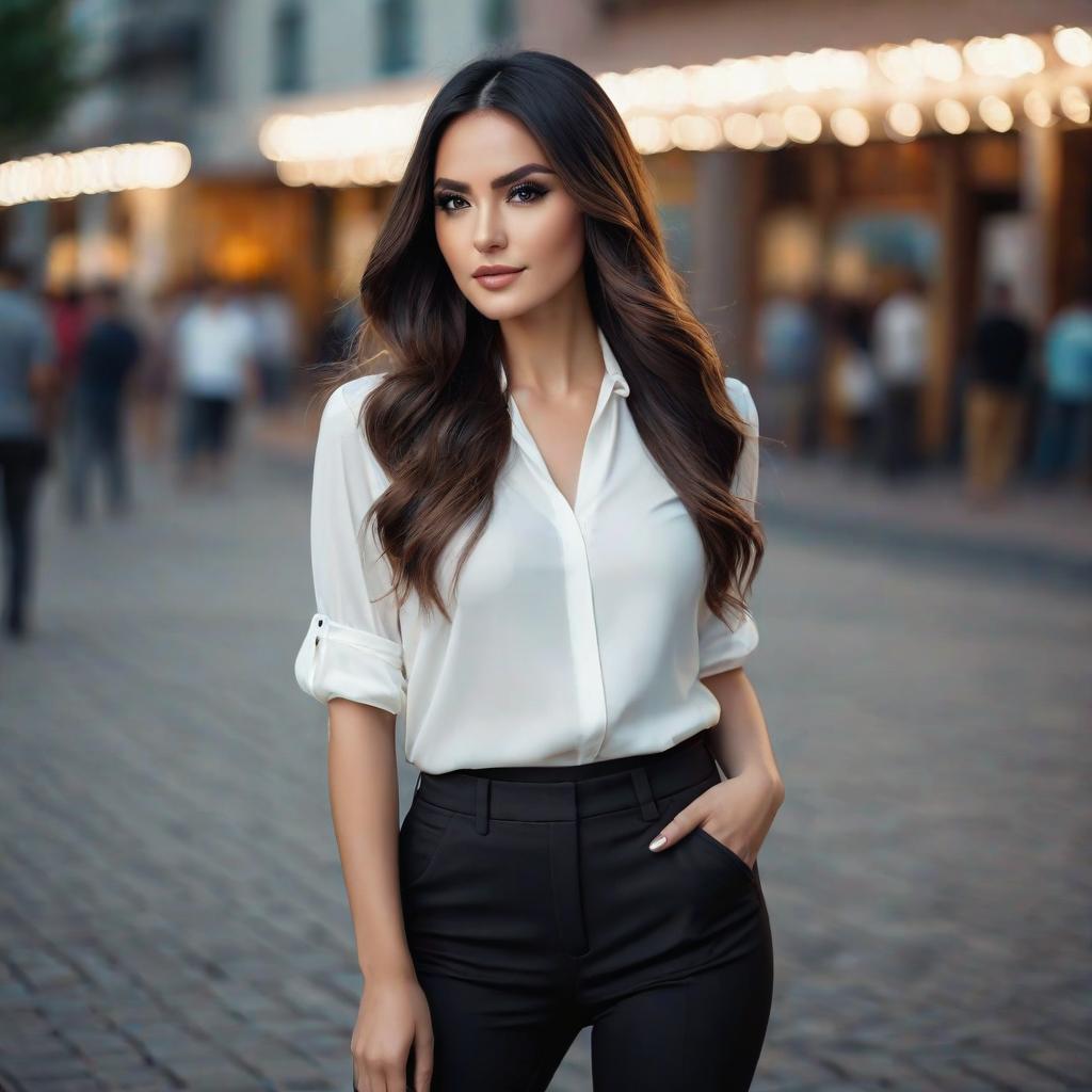  cinematic photo a very tetonous master with white blouse and black lenses with very long hair and have a tight brown pants. 35mm photograph, film, bokeh, professional, 4k, highly detailed