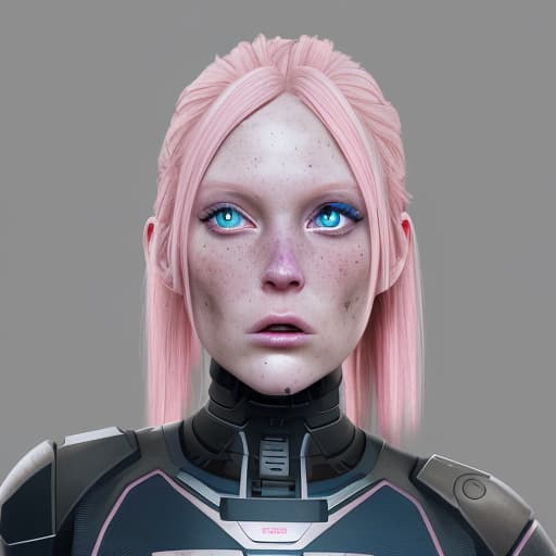  a female android with a nordic appearance, extremely and , with a old appearance, , s, pink hair, blue eyes, freckles, , sticking out her tongue.