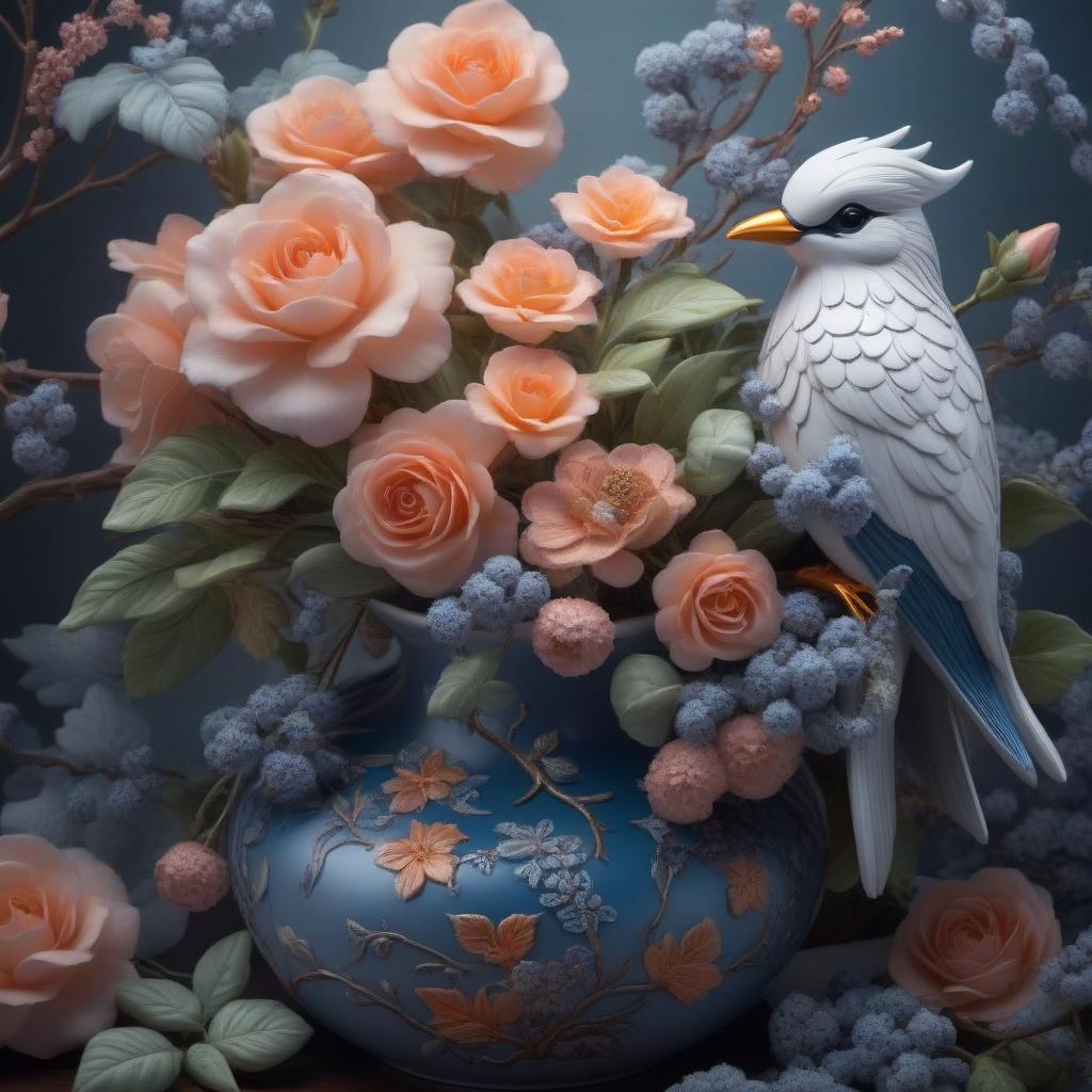  Still life with a beautiful porcelain bird. hyperrealistic, full body, detailed clothing, highly detailed, cinematic lighting, stunningly beautiful, intricate, sharp focus, f/1. 8, 85mm, (centered image composition), (professionally color graded), ((bright soft diffused light)), volumetric fog, trending on instagram, trending on tumblr, HDR 4K, 8K