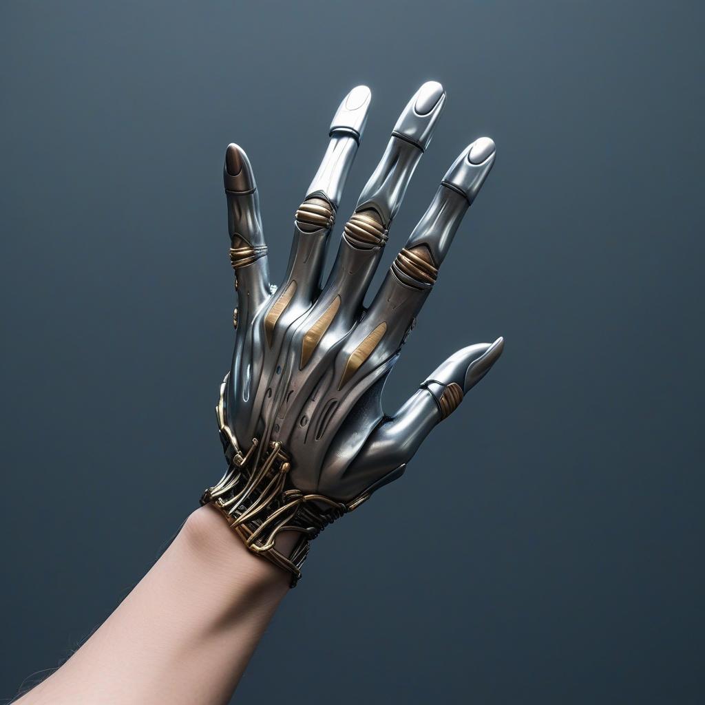  haz imagen de como se veria una mano añadida una protesis de dedo pulgar pero un dedo metalico, solo uno y que sea futurista ese dedo. no quiero que alteres la mano humana, solo su dedo protesis