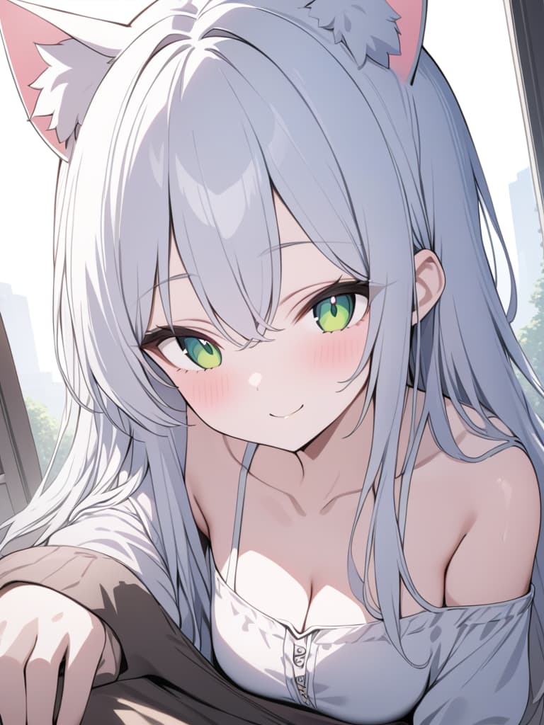  girls, smiles, white hair, round, cat hair, green eyes, bust up, one person, masterpiece, best quality,8k,ultra detailed,high resolution,an extremely delicate and beautiful,hyper detail