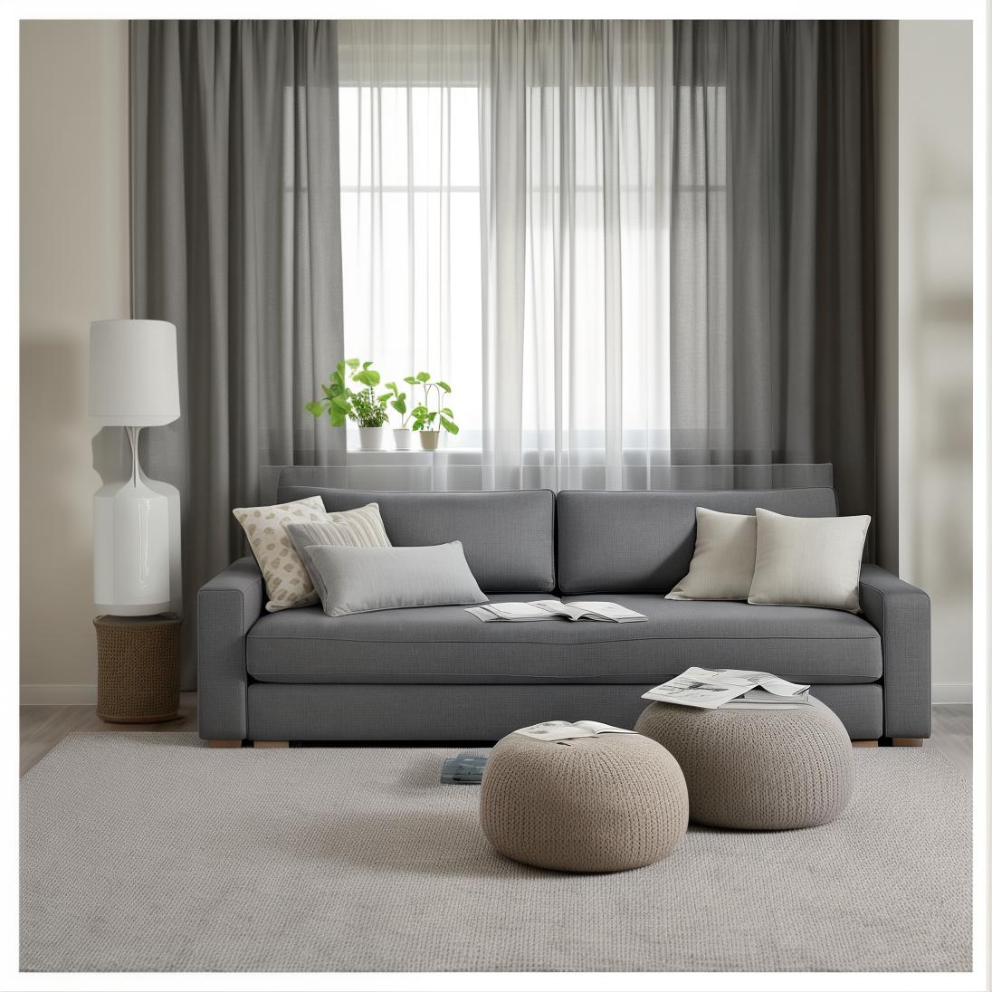  realistic image ((television)), modern, modernity, a living room with a gray couch and pillows, main colour black, tilt shift mirror background, fine image on the store website, grey and dark theme, ikea catalogue, tapestry, rounded lines, sand 8k, colored walls, sliding glass windows, unique design,full hd, fabrics textiles