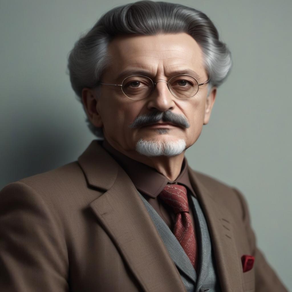  Trotsky in a tie and suit hyperrealistic, full body, detailed clothing, highly detailed, cinematic lighting, stunningly beautiful, intricate, sharp focus, f/1. 8, 85mm, (centered image composition), (professionally color graded), ((bright soft diffused light)), volumetric fog, trending on instagram, trending on tumblr, HDR 4K, 8K