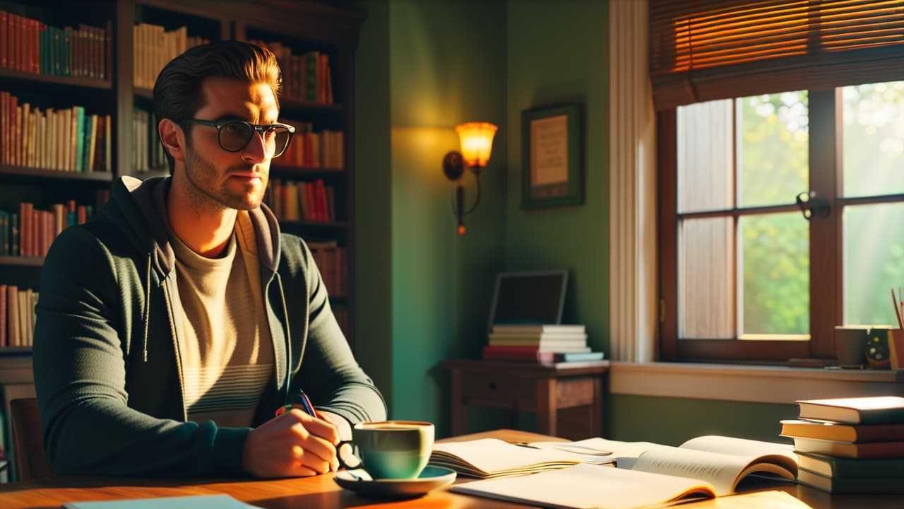  a cozy home office with a laptop open to a tutoring session, books stacked on a desk, a cup of coffee steaming, a bright window with sunlight streaming in, and a student's notes scattered around. hyperrealistic, full body, detailed clothing, highly detailed, cinematic lighting, stunningly beautiful, intricate, sharp focus, f/1. 8, 85mm, (centered image composition), (professionally color graded), ((bright soft diffused light)), volumetric fog, trending on instagram, trending on tumblr, HDR 4K, 8K