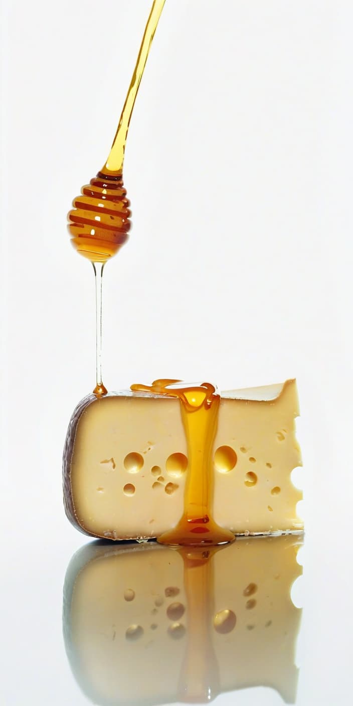  cheese watered with honey, beautiful reflection, film photography style