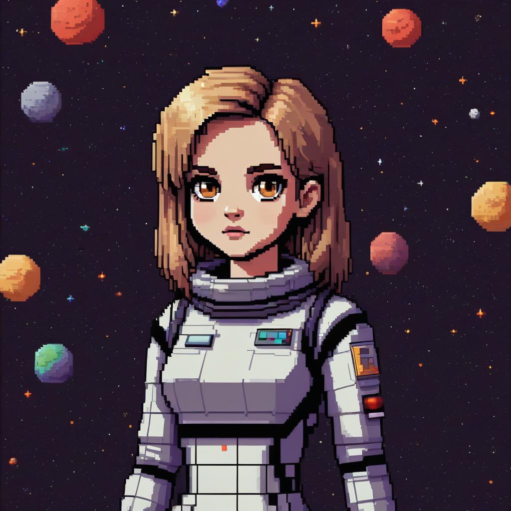  pixel art girl in space, brown hair, blonde eyes . low res, blocky, pixel art style, 8 bit graphics