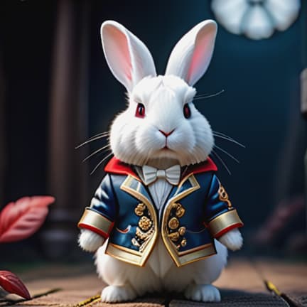  a small white rabbit hyperrealistic, full body, detailed clothing, highly detailed, cinematic lighting, stunningly beautiful, intricate, sharp focus, f/1. 8, 85mm, (centered image composition), (professionally color graded), ((bright soft diffused light)), volumetric fog, trending on instagram, trending on tumblr, HDR 4K, 8K