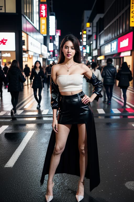  realistic image of a beautiful woman wearing black street fashion, standing on a street in tokyo at night , advertising photo,high quality, good proportion, masterpiece , the image is captured with an 8k camera