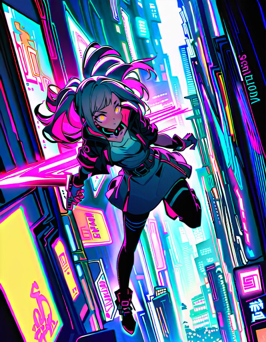  a vibrant young cyberpunk, brandishing a glowing weapon, leaping across rooftops, energetic and determined, break cyberpunk city adventure, neon lit urban landscape, graffiti covered buildings, holographic billboards, futuristic vehicles, neon signs, break futuristic and dynamic, glowing neon lights, electric sparks, motion blur,