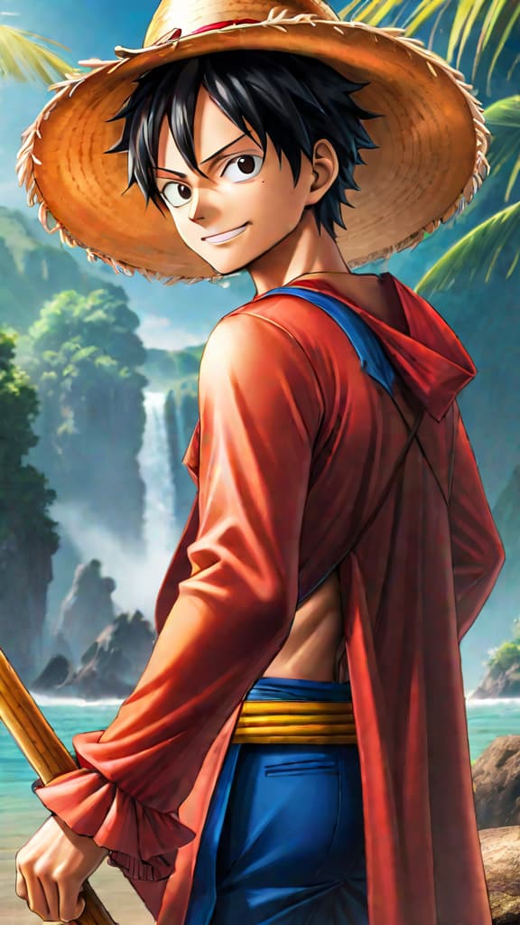  anime art: luffy inspired by shanks, embodying joy and strength amidst danger with the iconic straw hat. hyperrealistic, full body, detailed clothing, highly detailed, cinematic lighting, stunningly beautiful, intricate, sharp focus, f/1. 8, 85mm, (centered image composition), (professionally color graded), ((bright soft diffused light)), volumetric fog, trending on instagram, trending on tumblr, HDR 4K, 8K