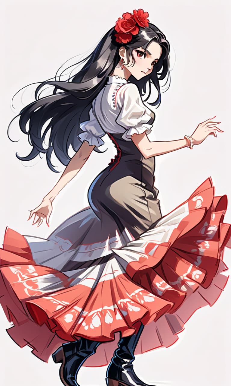  anime artwork sketching with short strokes, with multicolor pencil, spanish dancer in spanish dress dancing flamenco, full length, in boots, long dress, beautiful eyes, slight smile, fine lines, elegant, on the white background. contours. long loose black hair. . anime style, key visual, vibrant, studio anime, highly detailed