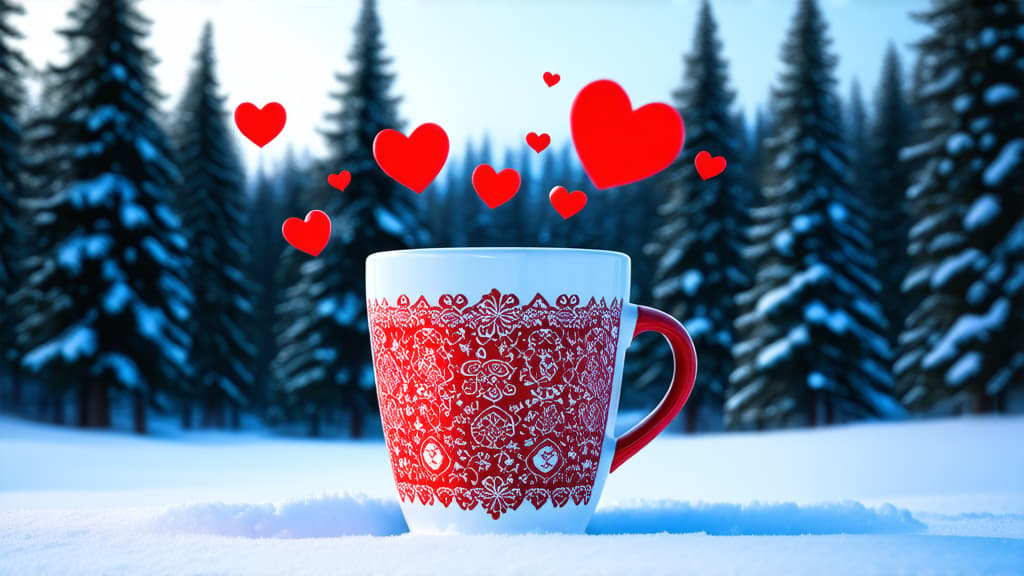  coffee cup with hearts flying out of it standing on snow, snowy forest background, digital art, hyper realistic photography, very beautiful, highly detailed cute, high quality photos, high quality, beautiful wallpaper ar 16:9 {prompt}, maximum details