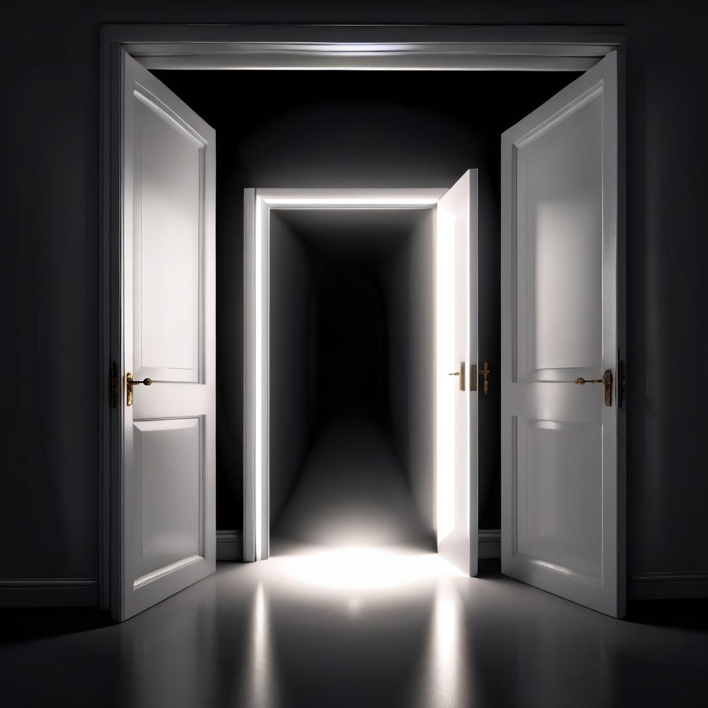  darkness, the door in the middle, open, and out of it a dazzling white light