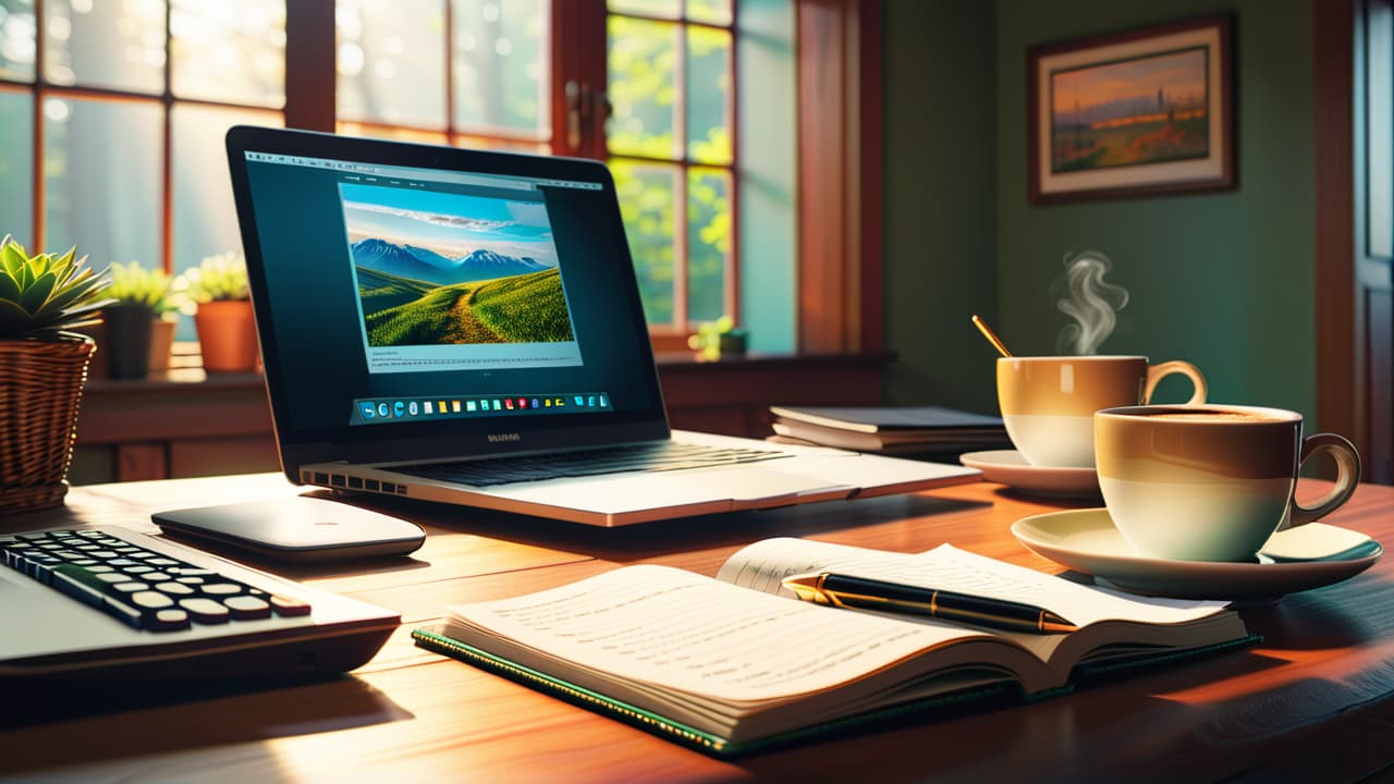  a beginner's workspace with a laptop displaying stock charts, a $100 bill prominently placed, a notepad with trading notes, and a cup of coffee, all set against a cozy home environment. hyperrealistic, full body, detailed clothing, highly detailed, cinematic lighting, stunningly beautiful, intricate, sharp focus, f/1. 8, 85mm, (centered image composition), (professionally color graded), ((bright soft diffused light)), volumetric fog, trending on instagram, trending on tumblr, HDR 4K, 8K