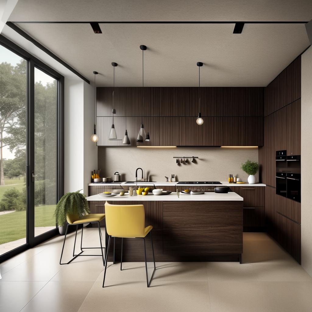  high resolution, photorealistic image of a modern kitchen with dark brown cabinets, countertops, and walls, featuring a yellow stone floor, sleek appliances, and warm lighting, advanced detail processing, styles for printing style raw, best quality, masterpiece