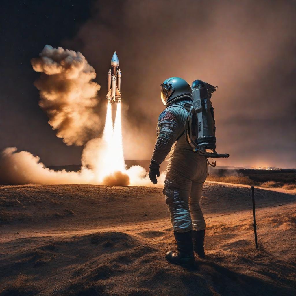  a rocket launching into the night sky with a trail of smoke and light hyperrealistic, full body, detailed clothing, highly detailed, cinematic lighting, stunningly beautiful, intricate, sharp focus, f/1. 8, 85mm, (centered image composition), (professionally color graded), ((bright soft diffused light)), volumetric fog, trending on instagram, trending on tumblr, HDR 4K, 8K