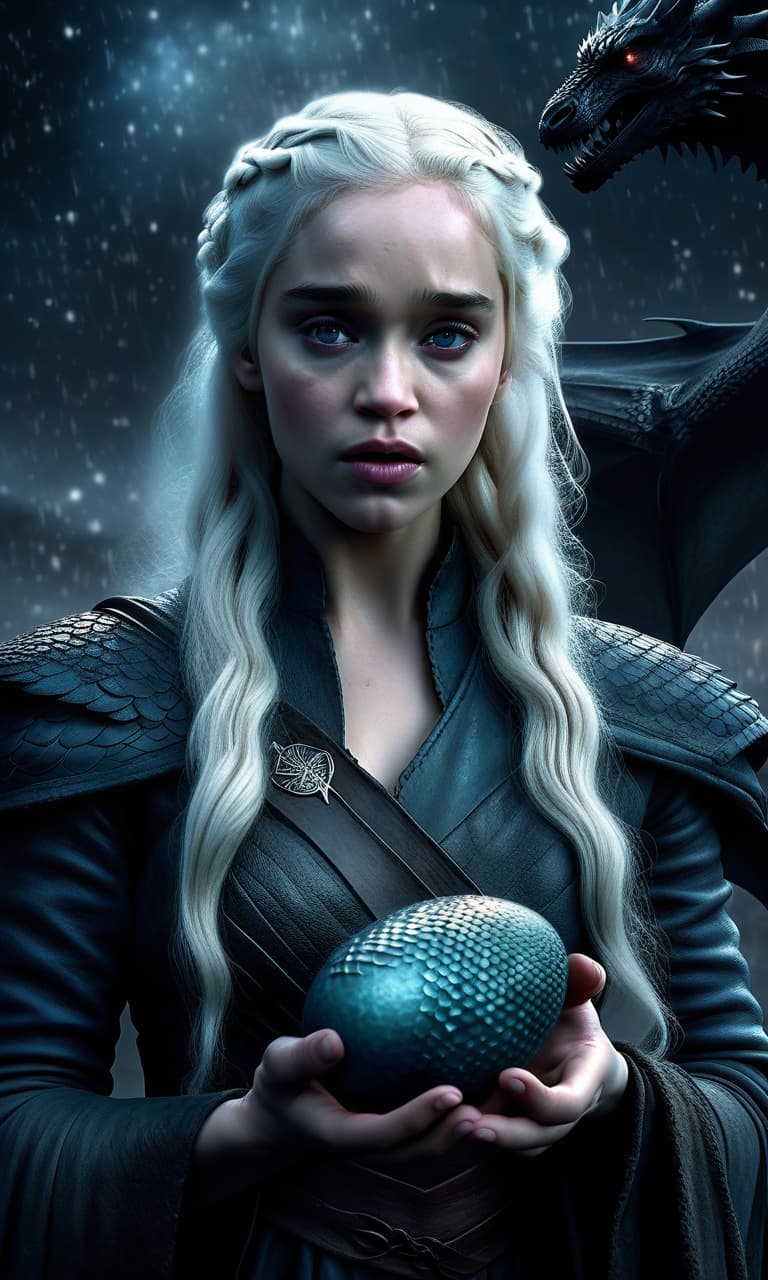  hdr photo of in the style of andre cohn. beautiful daenerys targaryen offers a dragon egg to jon snow. milky way. high resolution. detail. gothic style. ghost. fog, black background . high dynamic range, vivid, rich details, clear shadows and highlights, realistic, intense, enhanced contrast, highly detailed