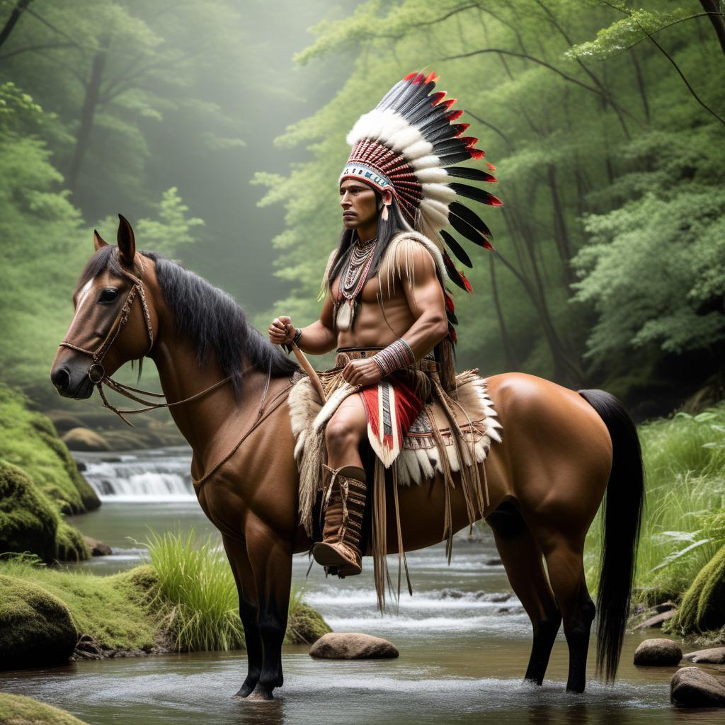  A person dressed as an American Indian warrior sitting proudly on top of a horse near a stream. The warrior is adorned in traditional clothing and a headdress, and the surrounding landscape is natural and lush with trees and a flowing stream nearby. hyperrealistic, full body, detailed clothing, highly detailed, cinematic lighting, stunningly beautiful, intricate, sharp focus, f/1. 8, 85mm, (centered image composition), (professionally color graded), ((bright soft diffused light)), volumetric fog, trending on instagram, trending on tumblr, HDR 4K, 8K