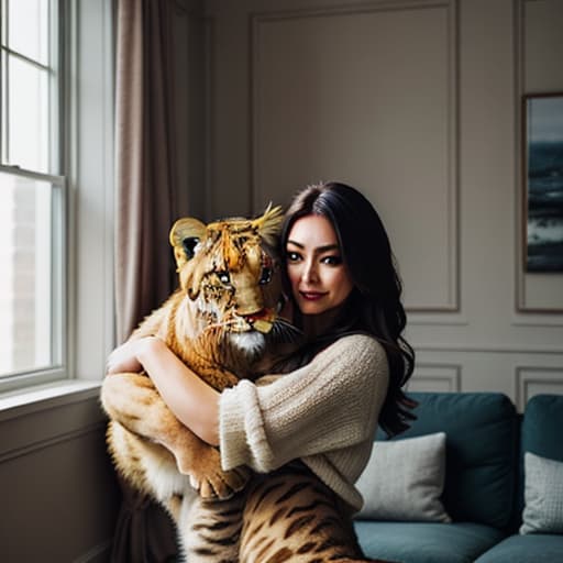  a big cat hugs a cute girl in the living room,pokemon,lion hyperrealistic, full body, detailed clothing, highly detailed, cinematic lighting, stunningly beautiful, intricate, sharp focus, f/1. 8, 85mm, (centered image composition), (professionally color graded), ((bright soft diffused light)), volumetric fog, trending on instagram, trending on tumblr, HDR 4K, 8K