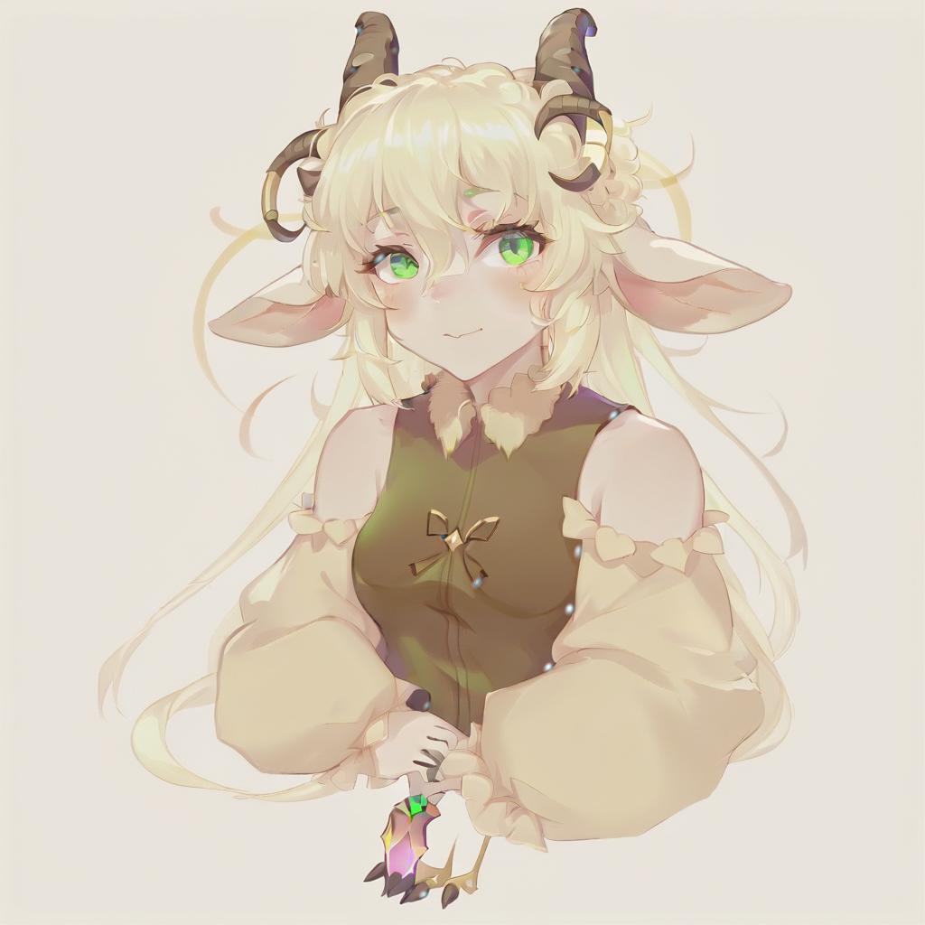  anime artwork anthropomorphic goat, blonde, long hair, curls, bangs, dressed in fairy core style, green eyes. a picture is an avatar for vitubing, neutral color background . anime style, key visual, vibrant, studio anime, highly detailed