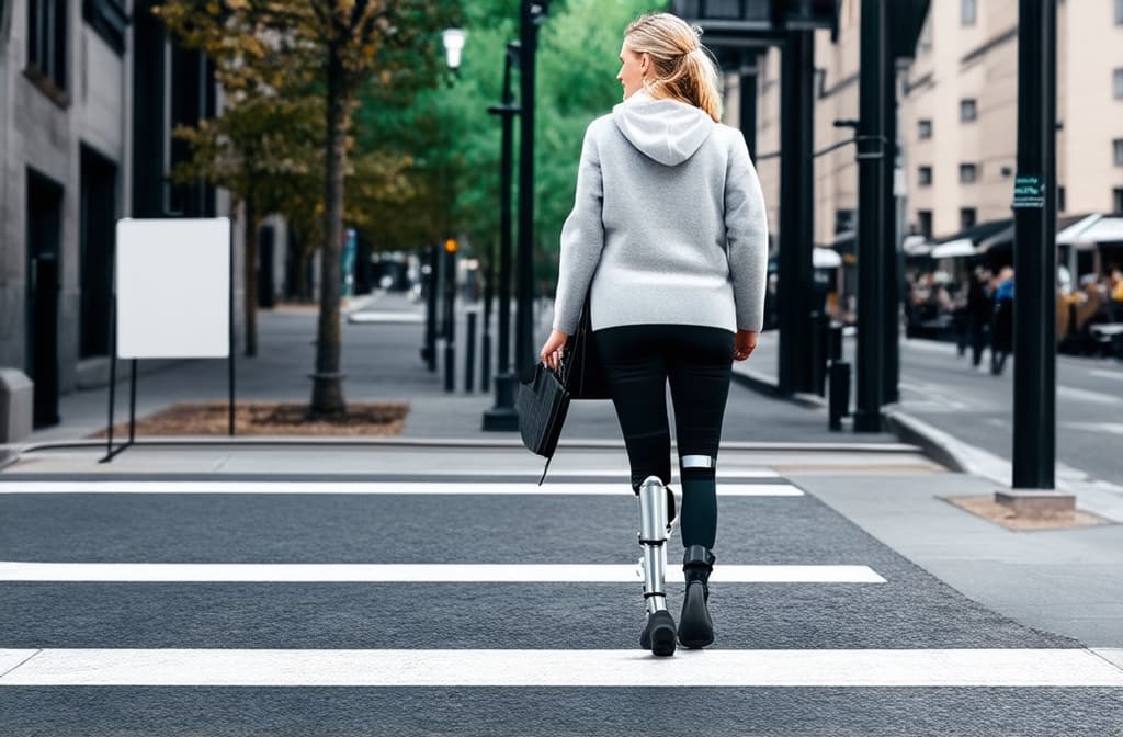  woman with prosthetic leg walking on city sidewalk. pictogram illustration style ar 3:2 {prompt}, maximum details