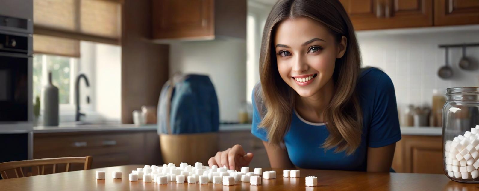  hyperrealistic art a smiling young woman in a very short skirt looks at the sugar cubes on the kitchen table . extremely high resolution details, photographic, realism pushed to extreme, fine texture, incredibly lifelike