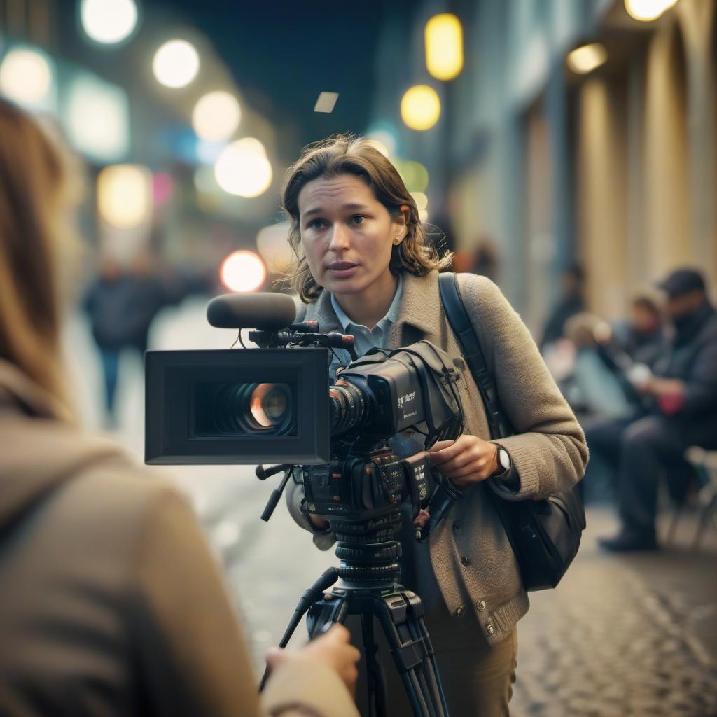  cinematic film still journalist takes interview on the street . shallow depth of field, vignette, highly detailed, high budget, bokeh, cinemascope, moody, epic, gorgeous, film grain, grainy, film photography style