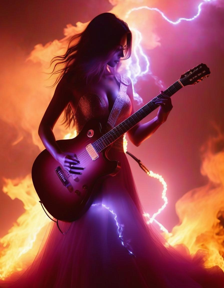  dreamscape fire of a guitar of lighting girl . surreal, ethereal, dreamy, mysterious, fantasy, highly detailed hyperrealistic, full body, detailed clothing, highly detailed, cinematic lighting, stunningly beautiful, intricate, sharp focus, f/1. 8, 85mm, (centered image composition), (professionally color graded), ((bright soft diffused light)), volumetric fog, trending on instagram, trending on tumblr, HDR 4K, 8K