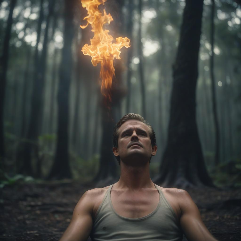  cinematic film still a man in hawaii, matches on his head, flames, sitting in a lotus position, close up, against a background of a dark forest . shallow depth of field, vignette, highly detailed, high budget, bokeh, cinemascope, moody, epic, gorgeous, film grain, grainy