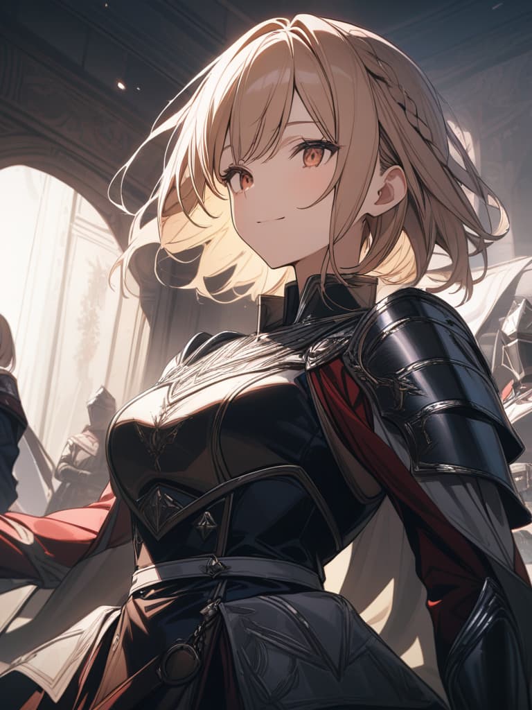  blond, short hair, victory in war, happy people, female knight, masterpiece, best quality,8k,ultra detailed,high resolution,an extremely delicate and beautiful,hyper detail