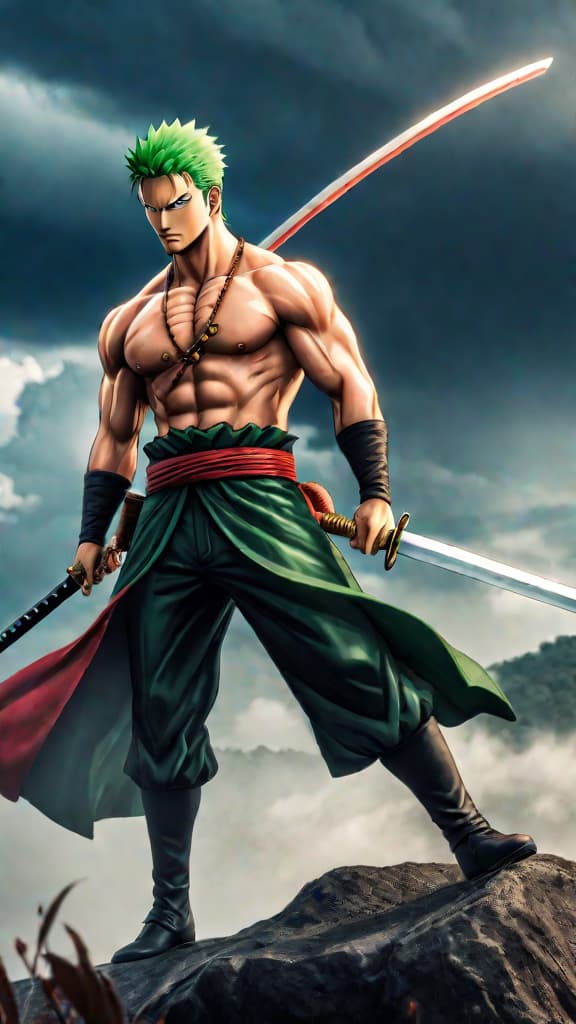  anime art prompt: roronoa zoro vs. ichigo kurosaki in an intense battle of wills and power. hyperrealistic, full body, detailed clothing, highly detailed, cinematic lighting, stunningly beautiful, intricate, sharp focus, f/1. 8, 85mm, (centered image composition), (professionally color graded), ((bright soft diffused light)), volumetric fog, trending on instagram, trending on tumblr, HDR 4K, 8K