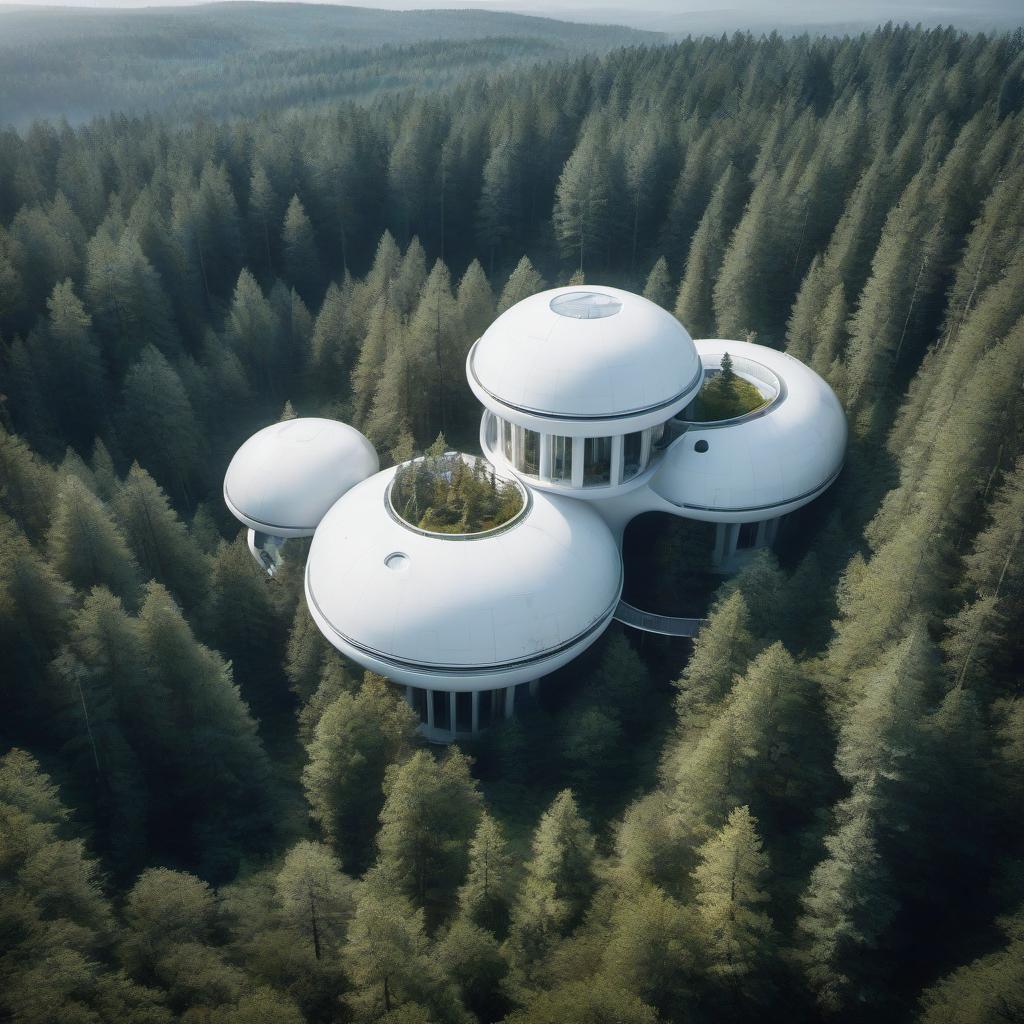  taiga forest, huge discoid multi storey white futuristic house standing high above the tree tops on four columns, top view, professional photo, 4k, high resolution, high detail