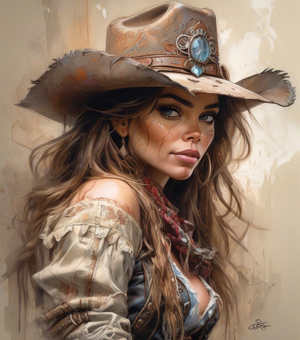  concept art cowgirl sofia vergara, beautiful eyes, epic, fantasy, intricate details, hyper detailed, jean baptiste monge, carne griffiths, michael garmash, seb mckinnon, masterpiec . digital artwork, illustrative, painterly, matte painting, highly detailed