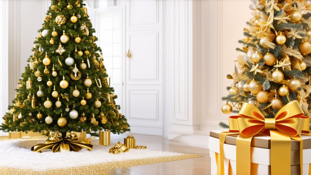  christmas tree, baroque, large ribbon, luxury fashion, multiple gold layers, elegant minimalism, creamy white color scheme, thick bow, shaded, satin ribbons, very cohesive, present ar 16:9 {prompt}, maximum details