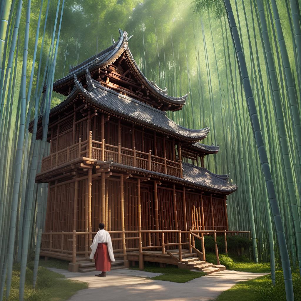  masterpiece, best quality, masterpiece, 8k resolution, lifelike, highly detailed, light penetrating bamboo forest, the back of a monk, light and elegant, wind blowing the corners of his robe