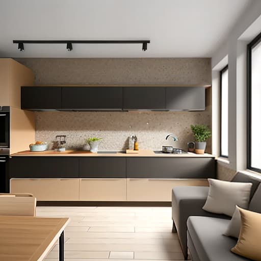 dvarchmodern stylish cozy kitchen, loft style, in beige tones, with a dark frame, with a large window