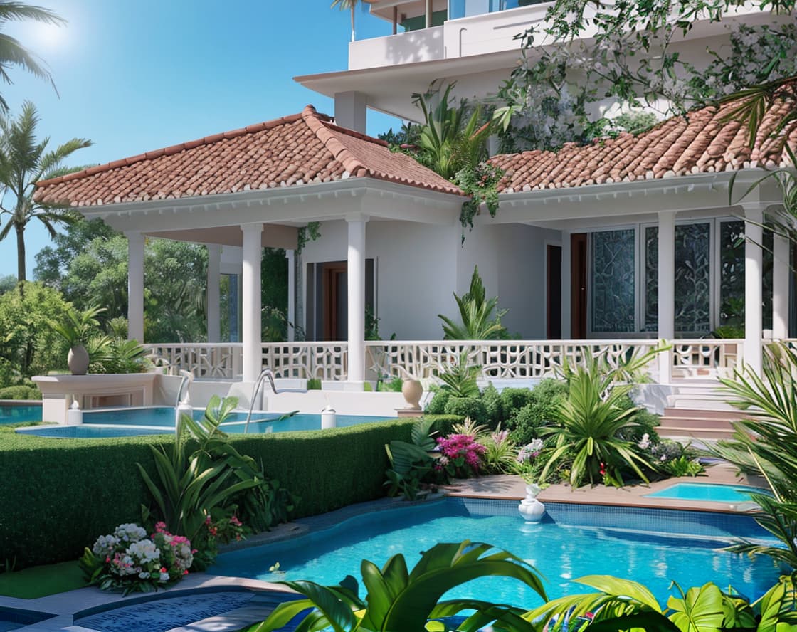  beautiful contemporary mediterranean villa with tropical garden and pool hyperrealistic, full body, detailed clothing, highly detailed, cinematic lighting, stunningly beautiful, intricate, sharp focus, f/1. 8, 85mm, (centered image composition), (professionally color graded), ((bright soft diffused light)), volumetric fog, trending on instagram, trending on tumblr, HDR 4K, 8K