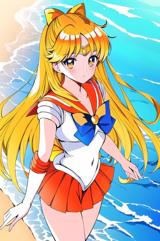  cute women ￼,(sailor venus:1.3), (masterpiece), (highest quality), (intricate), (high detail),girl at beach, an extremely detailed illustration of a cute beautiful women on the sea beach, detailed water, masterpiece, best quality, high quality, solo